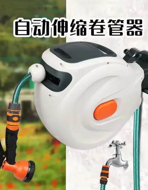 Load image into Gallery viewer, 10/20M Automatic Rewind Hose Reel with 7 Pattern Hose Nozzle Water Hose Reel Slow Return System for Car Garden

